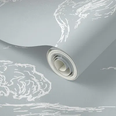Spoonflower Peel And Stick Wallpaper Coastal Beach Wave  In Light Blue & White Toile De Jouy 2' X 12' Removable