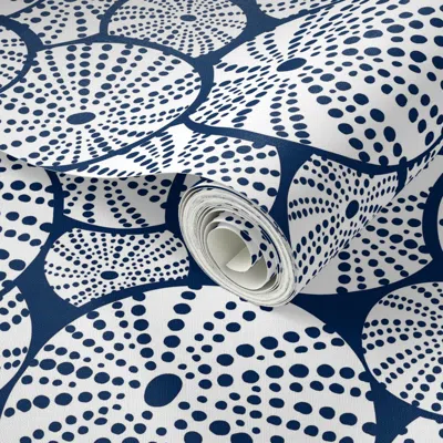 Spoonflower Peel And Stick Wallpaper Coastal Sea Urchins - Modern Beach House Ocean Shells Navy & White (r)  Rem In Blue
