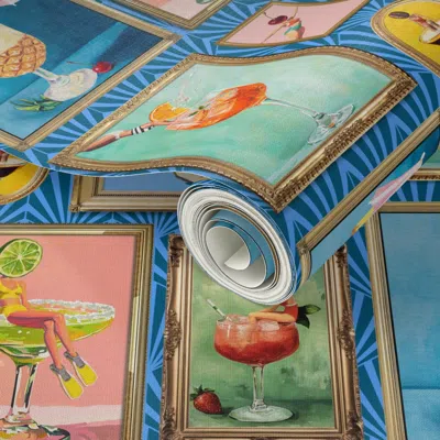 Spoonflower Peel And Stick Wallpaper Cocktail Girls Bar  Print Blue Art Deco 2' X 12' Removable