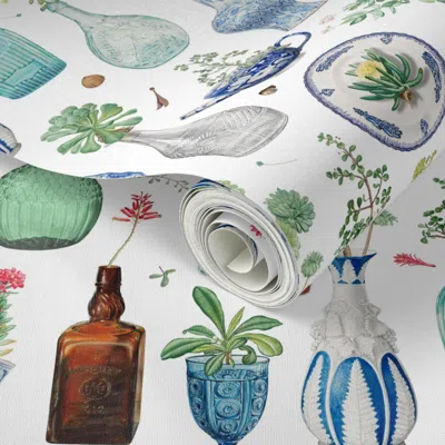 Spoonflower Peel And Stick Wallpaper Collage Pattern Antique Vases And Blue And White Porcelain Plates With 2' X
