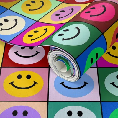 Spoonflower Peel And Stick Wallpaper Colorful Happy Smiley Face Squares (large Print) 2' X 12' Removable In Multi