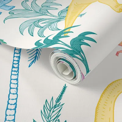 Spoonflower Peel And Stick Wallpaper Colourful Hand Drawn Dinosaurs And Palm Trees Kids Bedroom Decor 2' X 12' R
