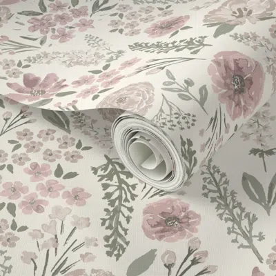 Spoonflower Peel And Stick Wallpaper Consider The Wild Flowers Vintage Mauve Pink Watercolour Floral For Nursery