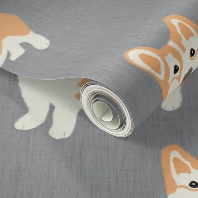 Spoonflower Peel And Stick Wallpaper Corgi On Black Linen 2' X 12' Removable