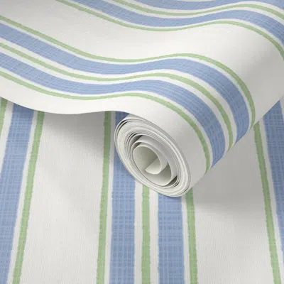 Spoonflower Peel And Stick Wallpaper Cornflower Blue And Greens On White Anderson Stripe 2' X 12' Removable