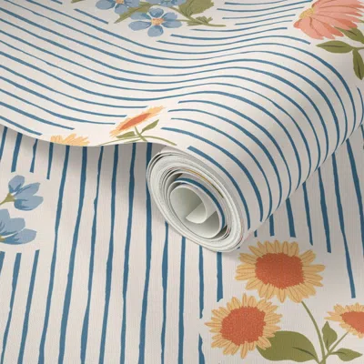 Spoonflower Peel And Stick Wallpaper Cottagecore Vintage Floral Motifs On Hand Painted Stripe 2' X 12' Removable