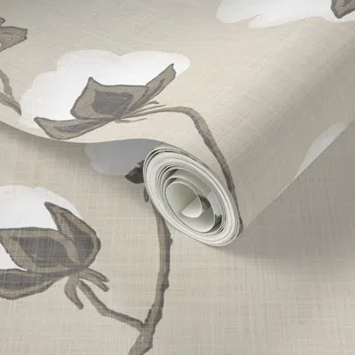 Spoonflower Peel And Stick Wallpaper Cotton Pods On Warm Beige Linen  Removable