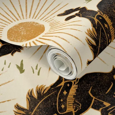 Spoonflower Peel And Stick Wallpaper Cowboys And Sunshine - 24" - Black Cream Desert Sun Gold And Moss 2' X 12'  In Multi