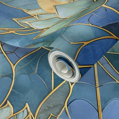 Spoonflower Peel And Stick Wallpaper Cream Green And Blue Water Lily / Lotus Art Nouveau Deco Floral Flowers 2' 
