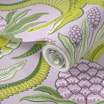 Spoonflower Peel And Stick Wallpaper Crocodiles - Custom Lime On Lavender - Large 2' X 12' Removable
