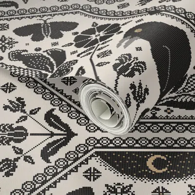 Spoonflower Peel And Stick Wallpaper Cross Stitch Ravens Folk Flowers Moths Skull Blackwork Goth Cottage 2' X 12