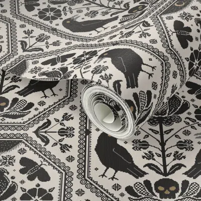 Spoonflower Peel And Stick Wallpaper Cross Stitch Ravens Folk Flowers Moths Skull Blackwork Goth Cottage 2' X 12