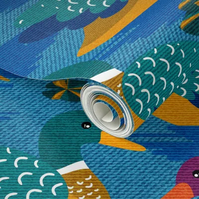 Spoonflower Peel And Stick Wallpaper Cute Ducks And Ducklings - Blue Pink And Mustard Kids Pattern - Large  Remo