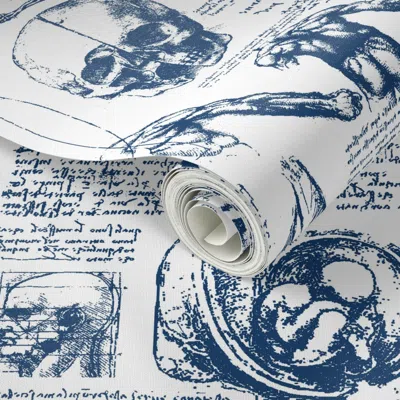 Spoonflower Peel And Stick Wallpaper Da Vinci's Anatomy Sketchbook // Dark Blue // Large 2' X 12' Removable