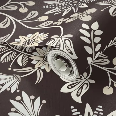 Spoonflower Peel And Stick Wallpaper Dalarna Floral Wenge Large 2' X 12' Removable
