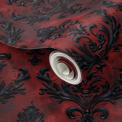 Spoonflower Peel And Stick Wallpaper Damask Pattern Dark Red Floral Gothic Haunted House Occult Goth Aesthetic  