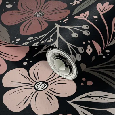 Spoonflower Peel And Stick Wallpaper Dark And Moody Floral Blush Pink And Sage Green On Black Medium Large  Remo