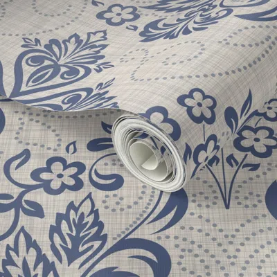 Spoonflower Peel And Stick Wallpaper Dark Blue On Linen Texture Ornamented Classic Damask 2' X 12' Removable