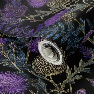 Spoonflower Peel And Stick Wallpaper Dark Botanical Thistle Print Purple Gold Black Moody Elegant Home Decor  Re