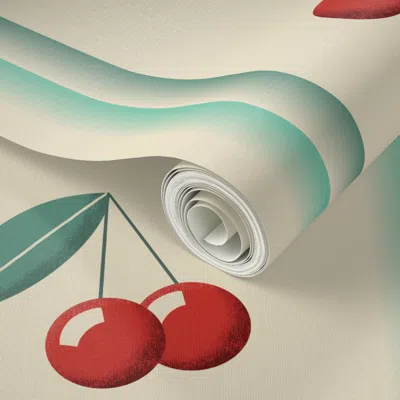 Spoonflower Peel And Stick Wallpaper Deco Cherries Up Down Large - Art Deco Cherries And Mint Stripes On Ivory 2