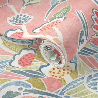 Spoonflower Peel And Stick Wallpaper Deco Cranes Garden Party Spring Pinks And Blues 2' X 12' Removable