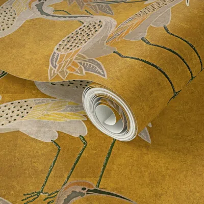 Spoonflower Peel And Stick Wallpaper Deco Cranes Golden Hour 12in X 17.78in Repeat Scale 2' X 12' Removable
