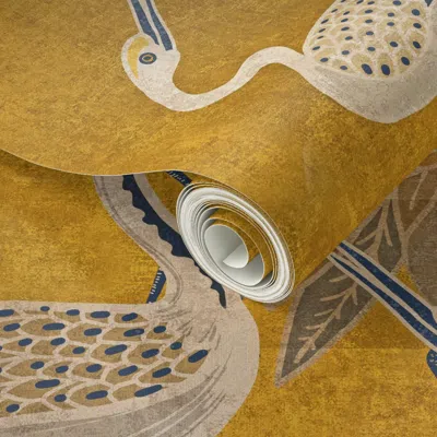 Spoonflower Peel And Stick Wallpaper Deco Cranes Golden Hour With Navy Accents 2' X 12' Removable