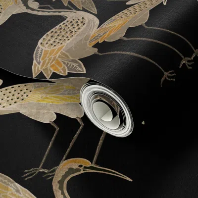 Spoonflower Peel And Stick Wallpaper Deco Cranes - Onyx - 5.40in X 8.00in Repeat Scale 2' X 12' Removable In Multi