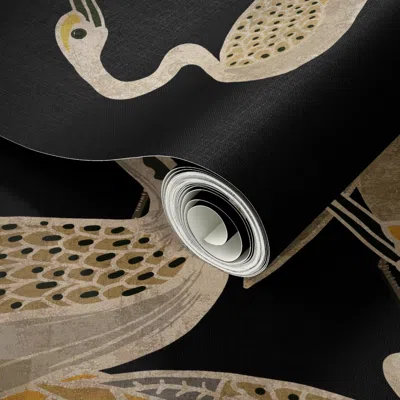Spoonflower Peel And Stick Wallpaper Deco Cranes Onyx Large Scale 2' X 12' Removable In Black