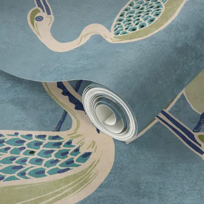 Spoonflower Peel And Stick Wallpaper Deco Cranes Pool Blue With Olive And Coral Accents 2' X 12' Removable