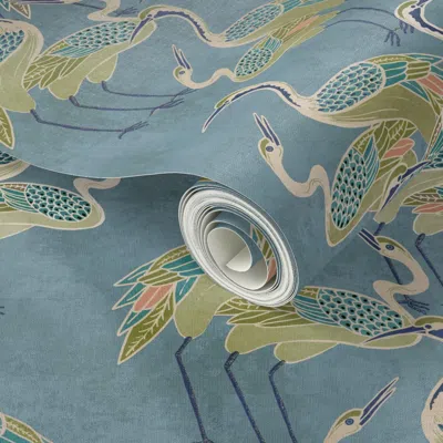 Spoonflower Peel And Stick Wallpaper Deco Cranes Pool Blue With Olive And Coral Accents 8 In Repeat Scale 2' X 1