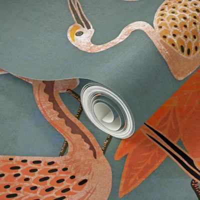 Spoonflower Peel And Stick Wallpaper Deco Cranes - Shrimp Cocktail - 24" Repeat 2' X 12' Removable