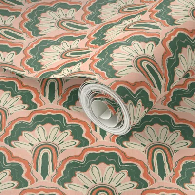 Spoonflower Peel And Stick Wallpaper Deco Peacock - Coral Pink & Green 2' X 12' Removable