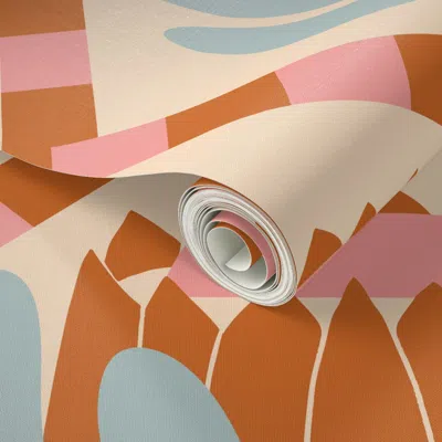 Spoonflower Peel And Stick Wallpaper Deco Protea Bloom In Terracotta Blush And Blue 2' X 12' Removable