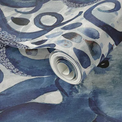 Spoonflower Peel And Stick Wallpaper Deep Indigo Watercolor Octopus 24in  Removable