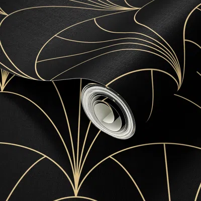 Spoonflower Peel And Stick Wallpaper Delicate Art Deco Fans - Gold On Black - Medium Scale 2' X 12' Removable