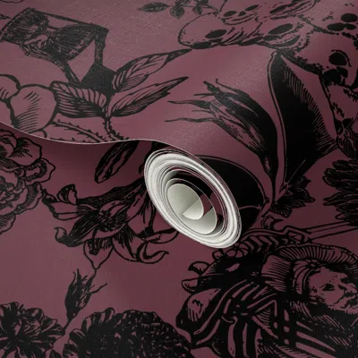 Spoonflower Peel And Stick Wallpaper Demons N' Roses Toile In Goth Reddish Purple + Black 2' X 12' Removable In Multi
