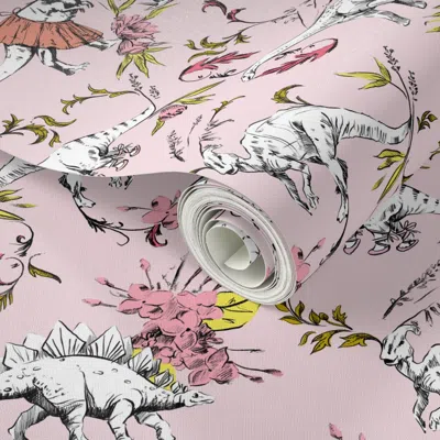 Spoonflower Peel And Stick Wallpaper Dino Dancer Blush 2' X 12' Removable In Multi
