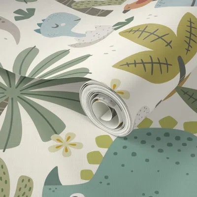 Spoonflower Peel And Stick Wallpaper Dinos Jungle - Prehistoric Safari - Cream - Colorful (large Scale) 2' X 12'