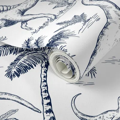 Spoonflower Peel And Stick Wallpaper Dinosaur Toile Navy On White Large Scale Prehistoric Boys Nursery Walls 2' 