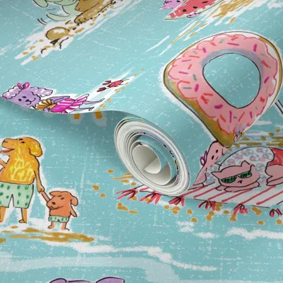 Spoonflower Peel And Stick Wallpaper Dog & Cat Families Spending A Day At The Beach Large-scale  Removable