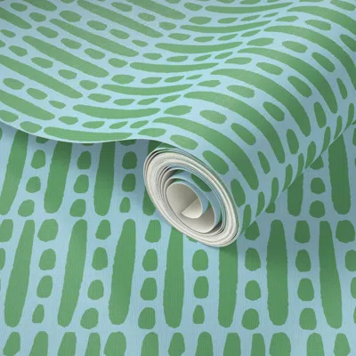 Spoonflower Peel And Stick Wallpaper Dot Dot Dash Modern Organic Stripe In Turquoise And Seedling Green (large) 