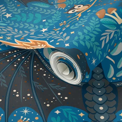 Spoonflower Peel And Stick Wallpaper Dragon Forest At Night F5 - Blue - Fawn-brown 2' X 12' Removable
