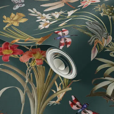 Spoonflower Peel And Stick Wallpaper Dragonfly Garden Evergreen // X-large 2' X 12' Removable In Multi
