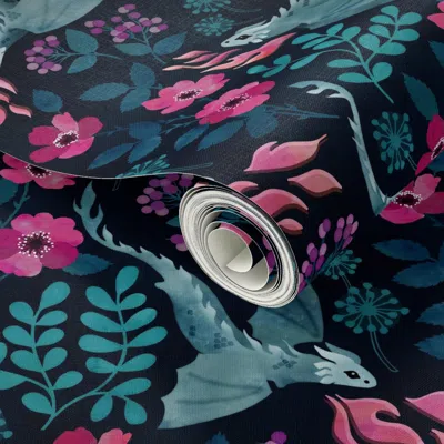 Spoonflower Peel And Stick Wallpaper Dragons Floral In Dark Jewel Tones Small 2' X 12' Removable