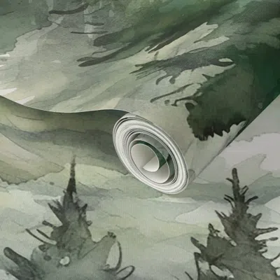 Spoonflower Peel And Stick Wallpaper Dreamy Watercolor Evergreen Conifer Pine Tree Forest Large 2' X 12' Removab In Green