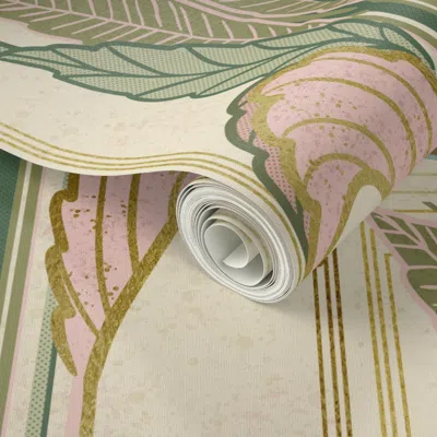 Spoonflower Peel And Stick Wallpaper Dusty Rose Pink & Green Art Deco Palm Trees W Gold Foil On Cream - 12 X 36" In Multi