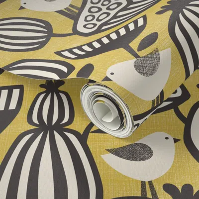 Spoonflower Peel And Stick Wallpaper East Fork Autumnal Flowers - Black And White / Yellow Background (large) 2'