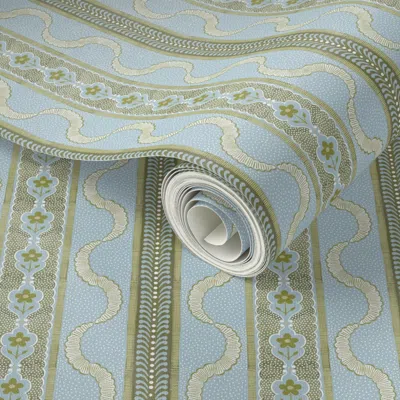 Spoonflower Peel And Stick Wallpaper East Fork Ribbon French Blue And Pear 2' X 12' Removable