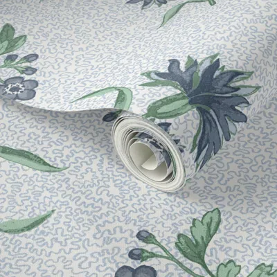Spoonflower Peel And Stick Wallpaper Edwina Floral Toss Blues And Green Pale Blue Squiggle 2' X 12' Removable